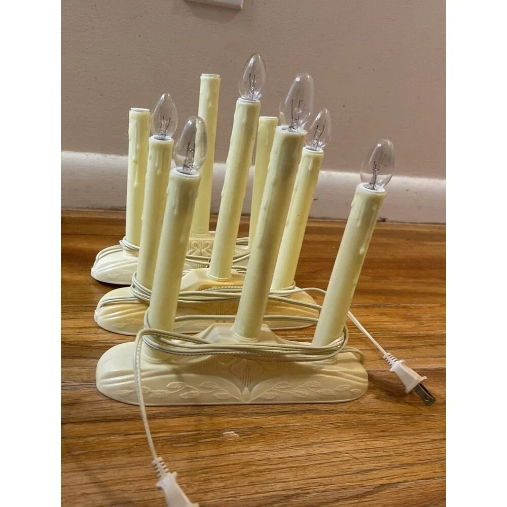 Vintage Lot 7 Christmas Electric Triple Candles Candelabra Window Lights Works!